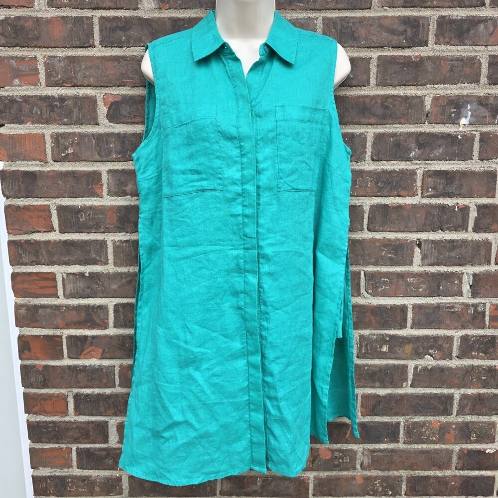 Chicos Linen Sleeveless Shirt Blouse Button Vest Kelly Green Womens Sz 1 Petite